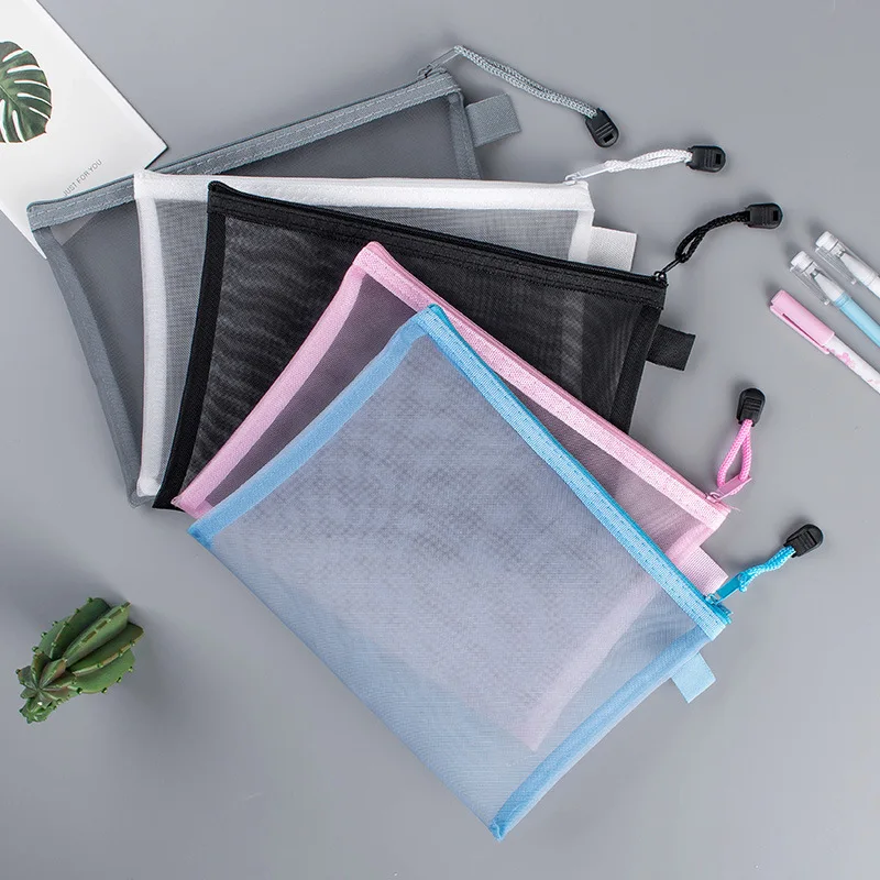 Mesh Zipper Pouch, Lightweight Nylon File Folders, A4 Document Organizer Clearly Visible Mesh Zip Bag, Suitable for School Office Travel Supplies