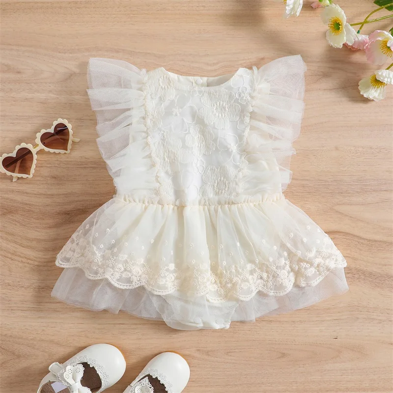 

0-18M Baby Girl Bodysuits Dress Fly Sleeve Round Neck Mesh Floral Casual Short Crotch Button Romper Summer Baby Clothing