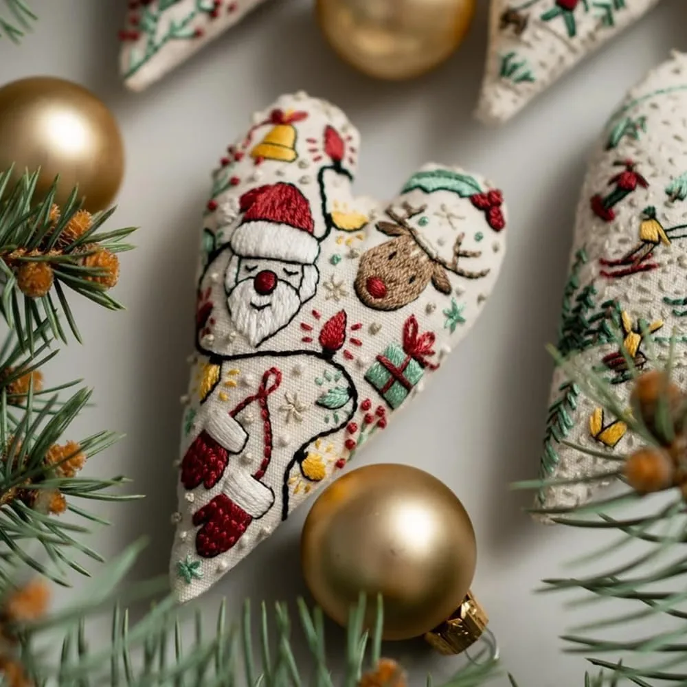 DIY Heart Shaped Hand Embroidered Christmas Ornament Kit with Needles and Thread Gifts for Beginners