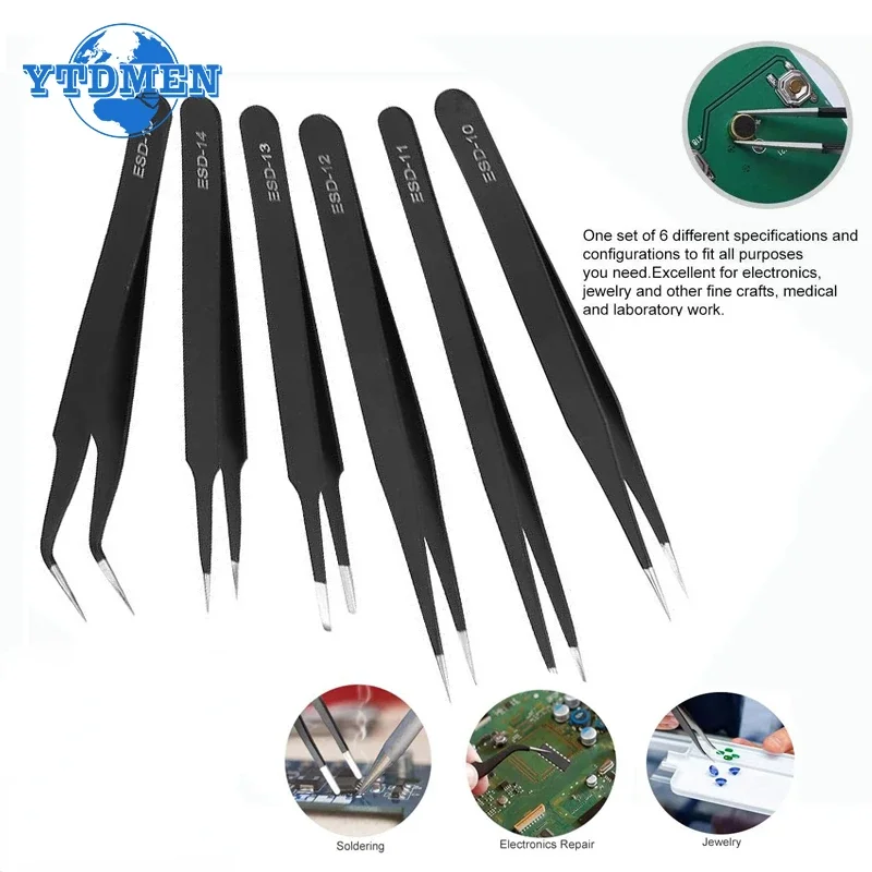 2/6pcs ESD Anti-Static Stainless Steel Tweezers Precision Maintenance Industrial Electronic Repair Tool Home Model Making Tools