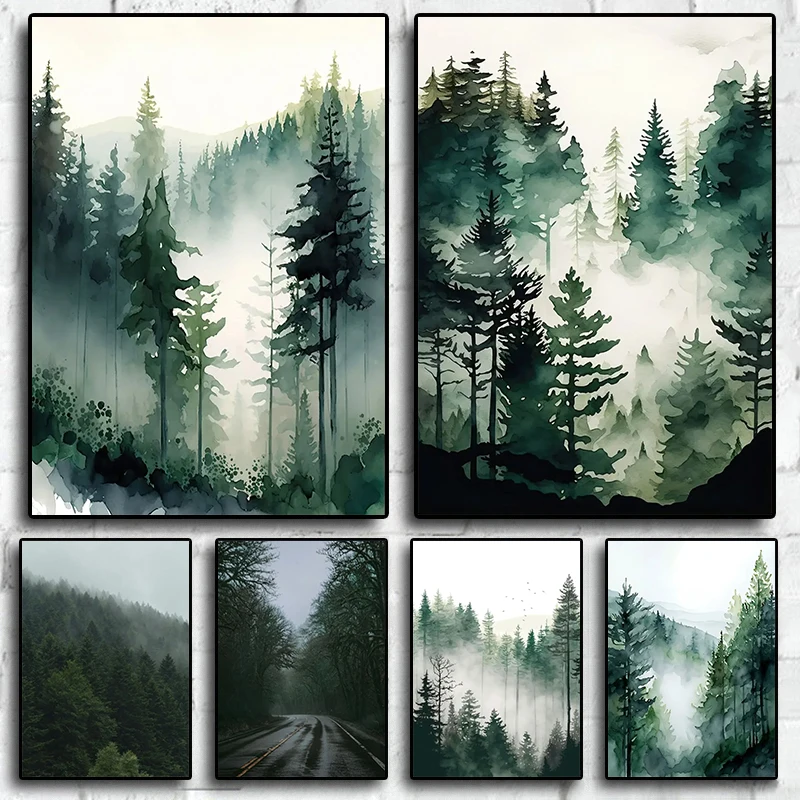 Foggy Mountain Misty Forest Pine Sage Green Wall Art Canvas Painting ...