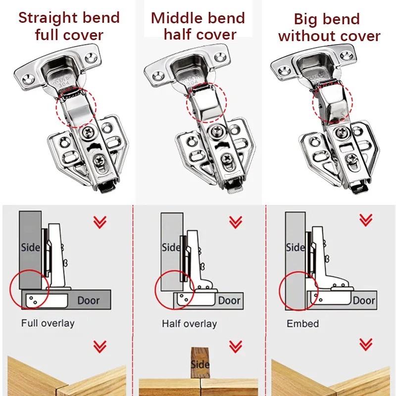 1Pcs/10Pcs 304 Stainless Steel Hydraulic Hinges Cabinet Door Spring Hinge Damper Buffer Quiet Closing Kitchen Cupboard Furniture