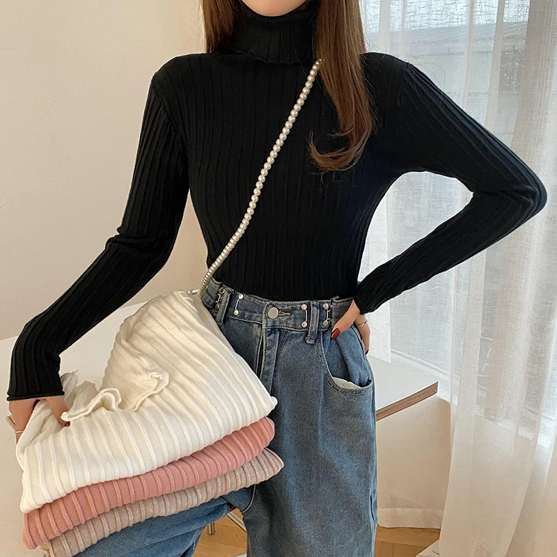 AOSSVIAO Women Turtleneck Sweaters Autumn Winter Korean Slim Pullover Women Basic Tops Casual Soft Knit Sweater Soft Warm Jumper pink sweater