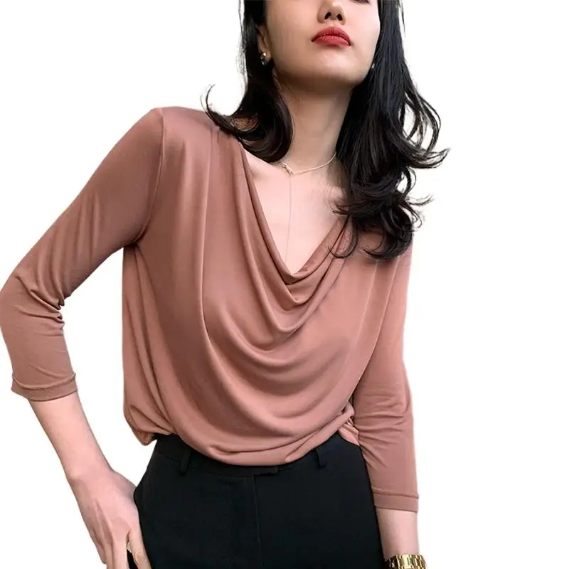 

Hotsale New Autunm three quarter sleeves Pleated Modal cotton blouse tops brand comfortable dance shirts