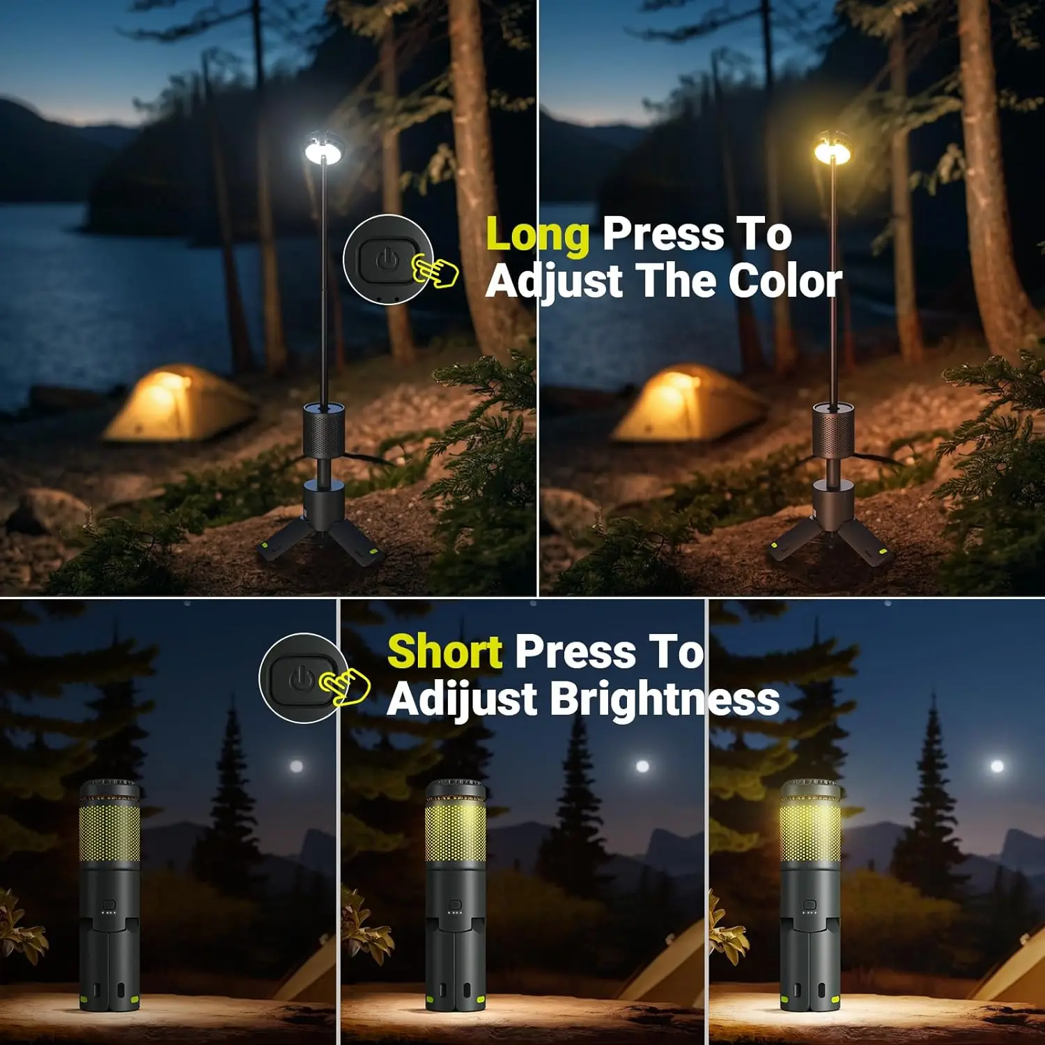 Recarregável LED Outdoor Camping lanterna, UBS recarregável, temperatura de cor ajustável, lanterna portátil, IP65 impermeável, Retractab