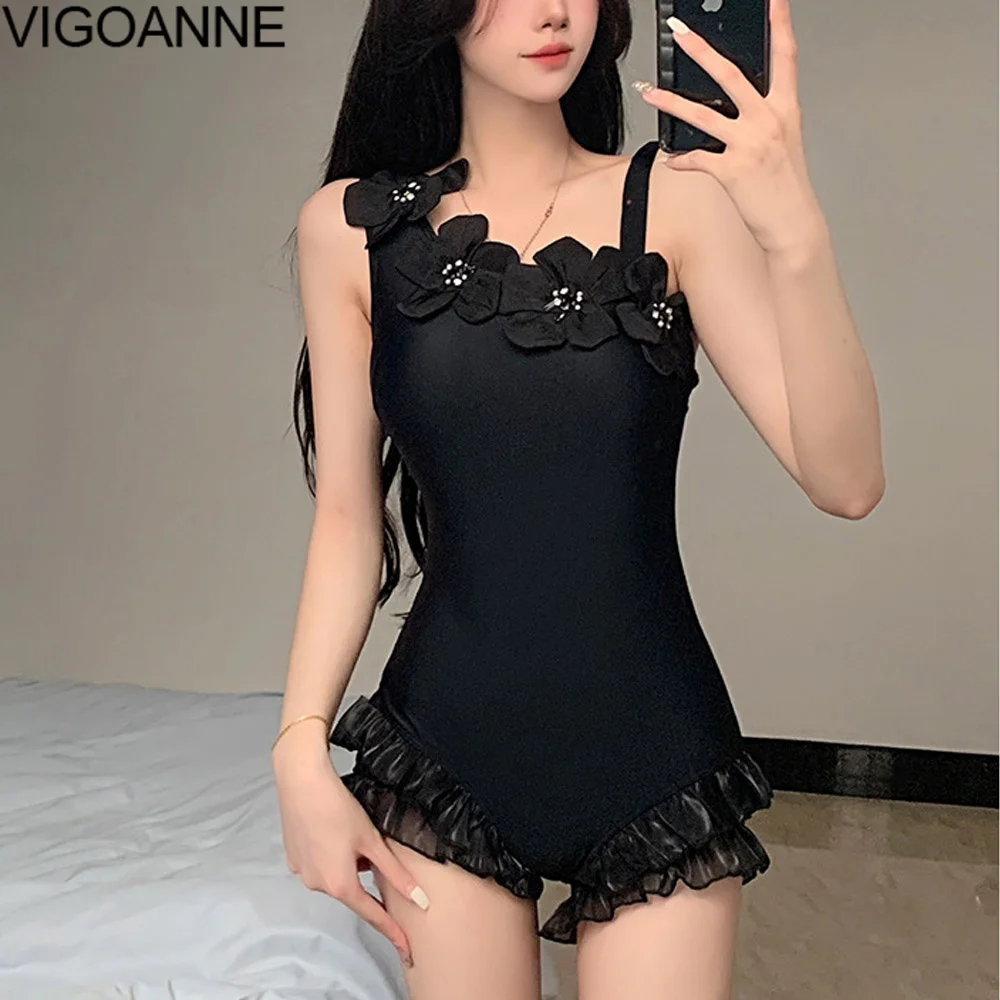 

Женский слитный купальник VigoAnne, черный купальник с открытой спиной, пуш-ап и цветочным принтом, 2024