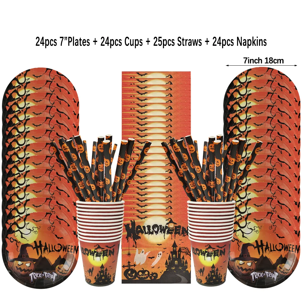 Description Picture 4 of itemHalloween Disposable Tableware Pumpkin Plate Cups Straws Napkin Castle Ghost Happy Halloween Party Table Decoration Supplies