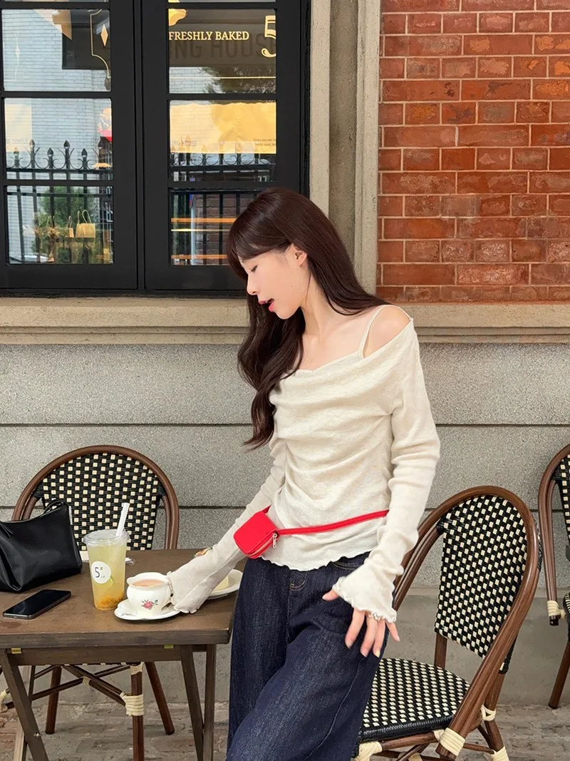 Fake Two-piece Off Shoulder Long Sleeve T-shirt Women's Sexy Slash Neck Flare Sleeve Base Shirt Top Autumn Casual Slim Fit Tops