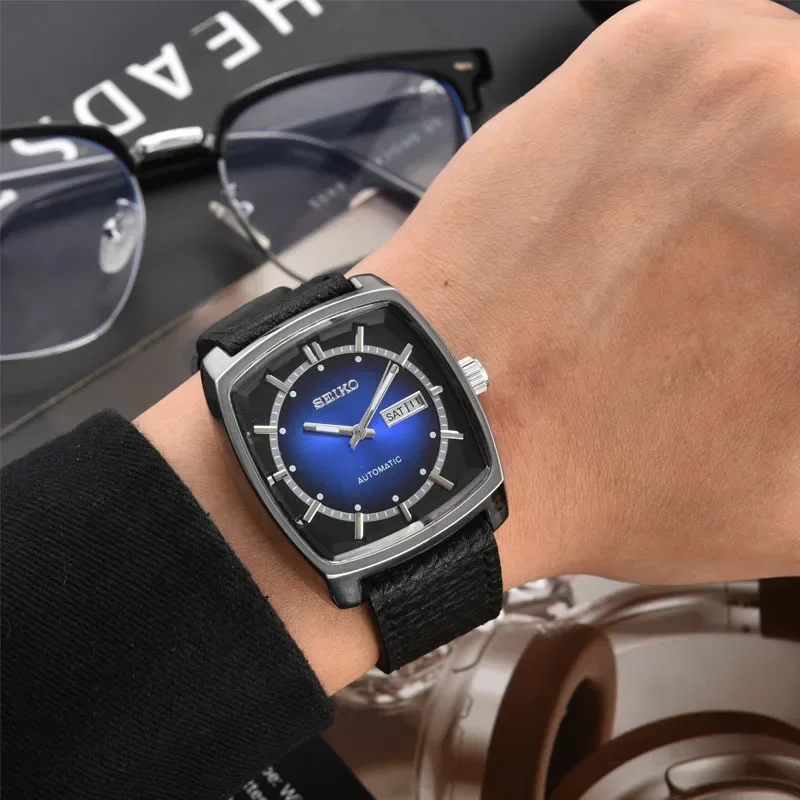 Men Automatic Watches Seiko Automatic Mechanical Watch Men's Casual Fashion Watch Wine Barrel Belt Retro Green Plate
