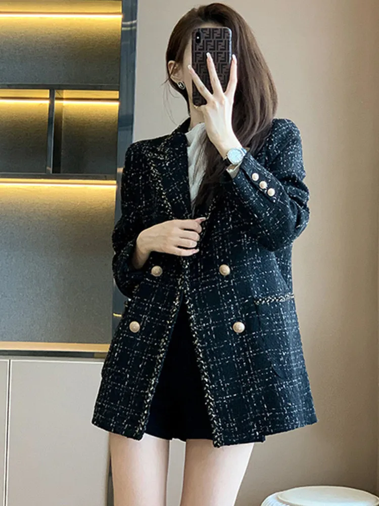 

New Fashion Korean Casual Tweed Plaid Jacket For Women Autumn Winter Small Fragrance Style Woolen Elegant Outerwear