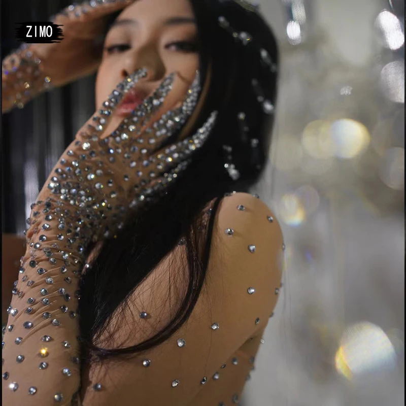 sexy mesh see through rhinestones jumpsuit glitter gloved short bodysuit Team pole dance clothing club partyDS performance