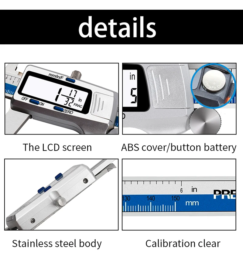 Description Picture 6 of itemET52 150mm Stainless Steel 0.01mm Precision Measure 6-Inch Digital Caliper Vernier Caliper Mm/inch/Fraction Display Zero Setting