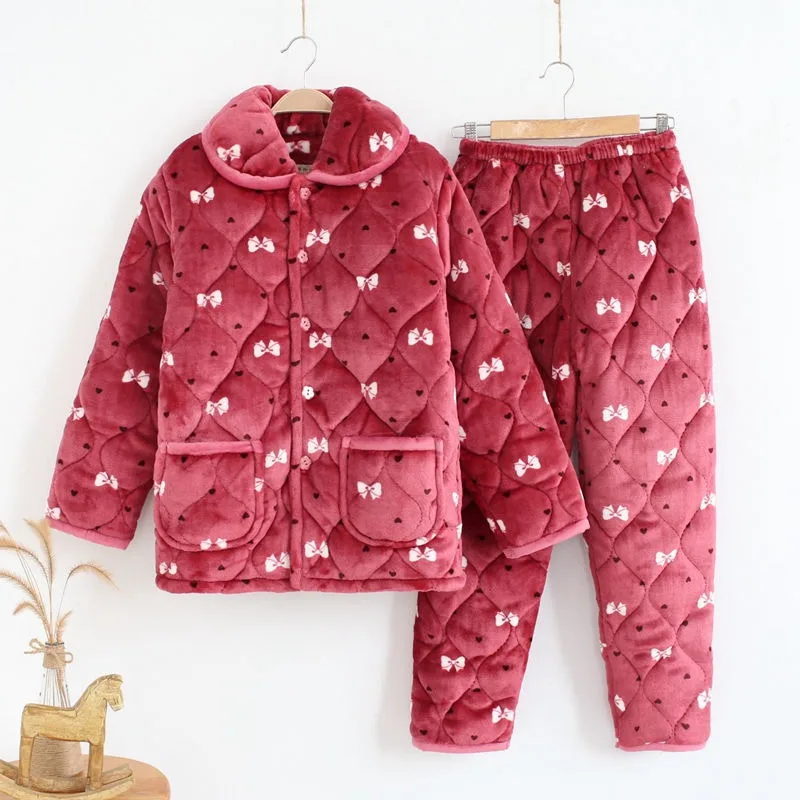 2023 New Autumn Winter Women Pajamas Three Layers of  Thickened Plush Cotton Coral Velvet Flannel Women Household Clothes Suit