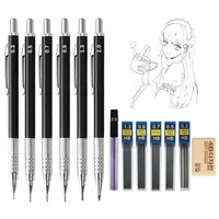 Full Black Metal Mechanical Pencils Set HB Leads 0.3 0.5 0.7 0.9 1.3 2.0mm Retractable Sketch Pencil with Eraser School Supplies 1