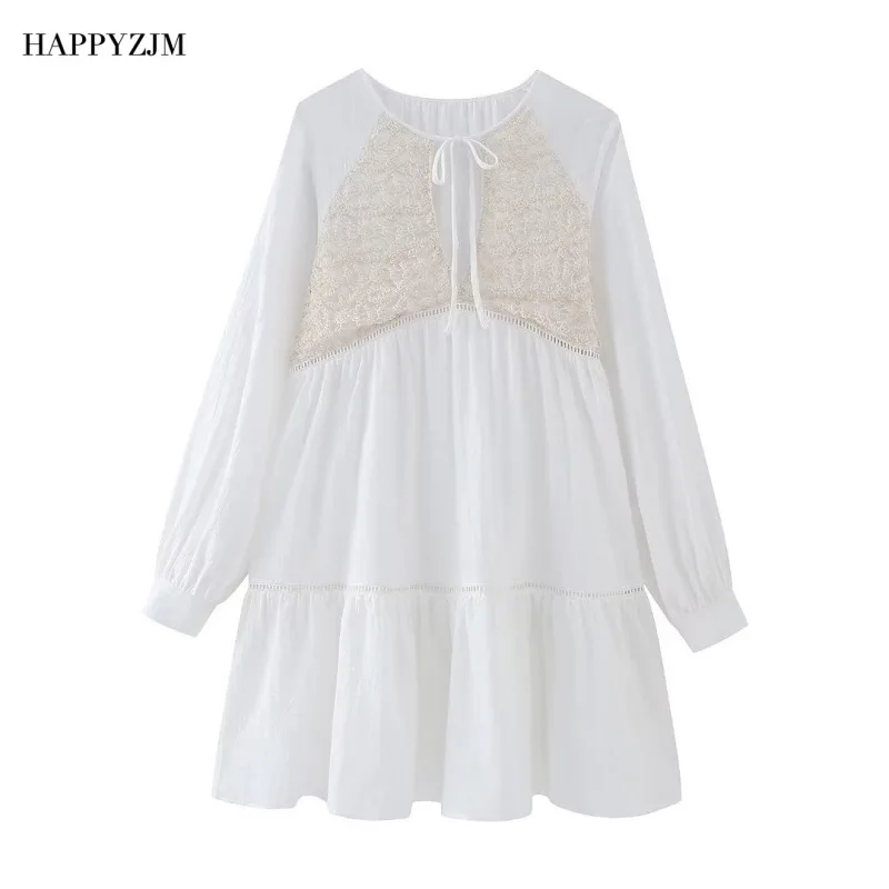 

HAPPYZJM New 2023 Women Crochet Patchwork Dress Fashion V-neck Long Sleeved Loose Casual Mini Dress Trend Vacation Dress