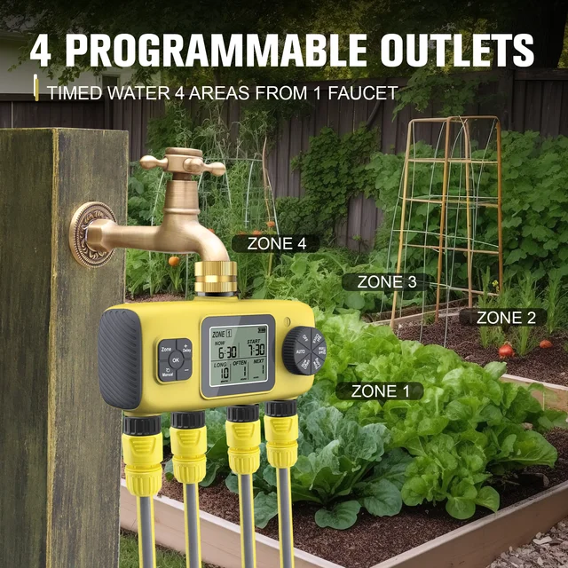 Haozee Smart Water Timer Intelligent 4-Outlet Irrigation Watering System Sprinkler Timer Garden Programmer IPX7 LCD Display 3