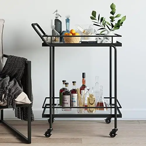 

Rolling Bar or Cart for Tea or Cocktail, 2-Tiered Glass and Metal, Black & Theo 5-Shelf Black Modern Bookcase, Open Mount L