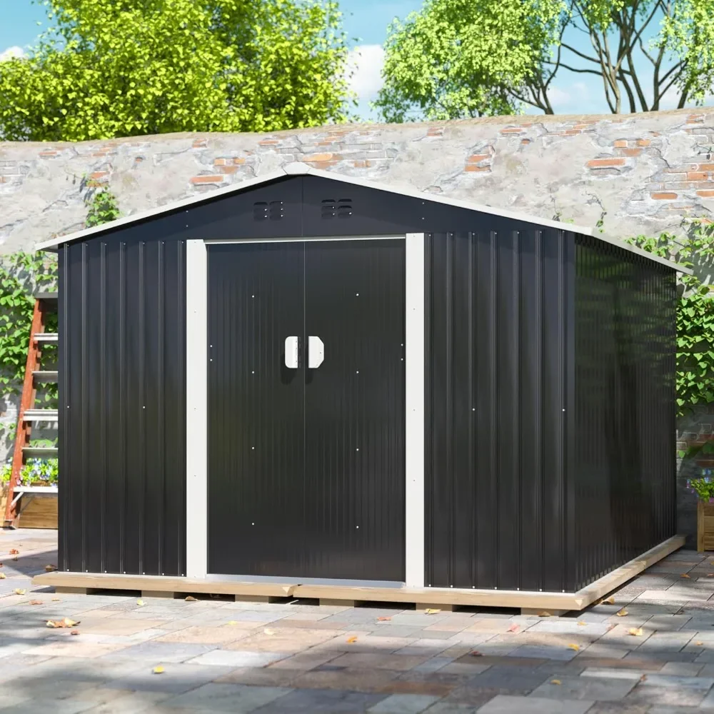 

9x10.5FT Outdoor Storage Shed, Galvanized Metal Storage Shed with 2 Sliding Lockable Doors and Floor Frame Metal Windows