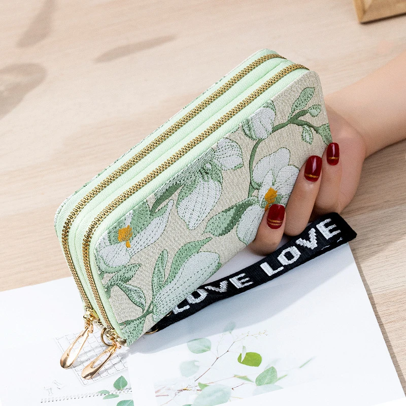 Double Zipper Long Wallet for Women Fashion Flower Embroidery Coin