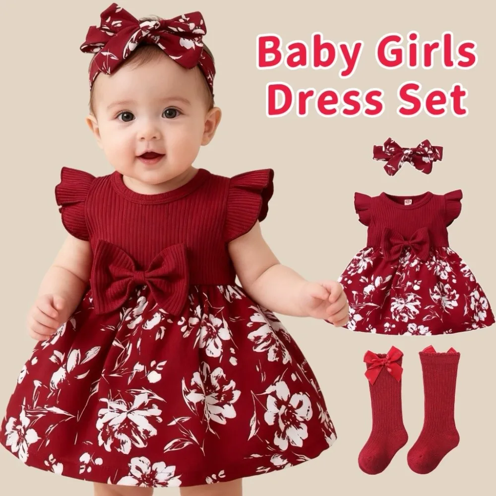 Colorful Bow Baby Girl Dress Cotton Short Sleeve Newborn Clothes Set Floral Soft Infant Red Princess Dress Photoshoot Outfit