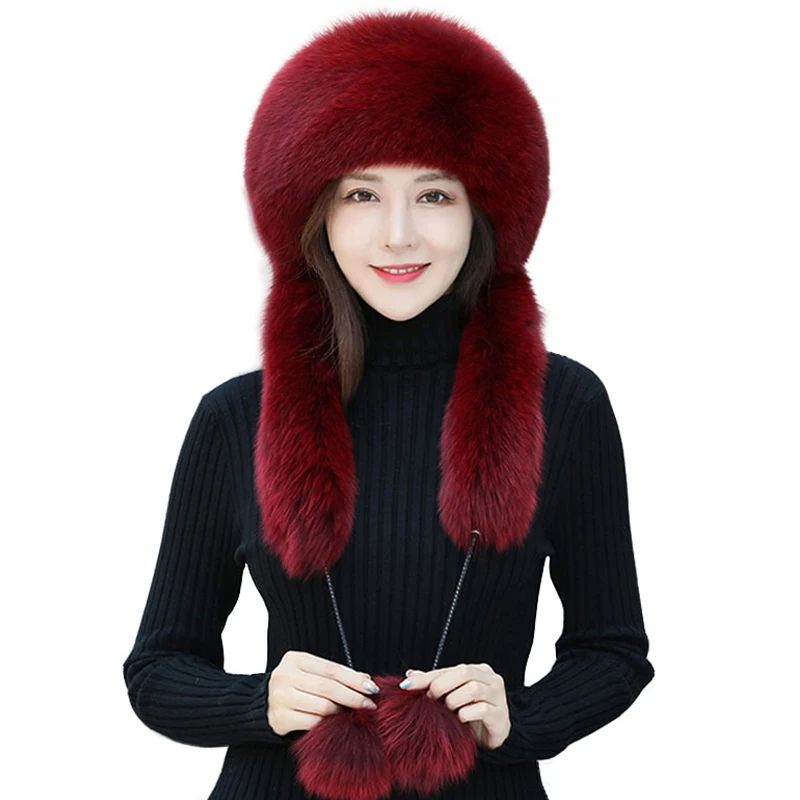 

2022 100% Real Fur Winter Hat Scarf Fox Hat Women Russian Ushanka Aviator Trapper Snow Ski Hat Earflap Caps Raccoon Fur Hats