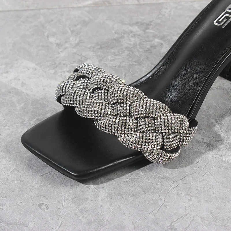 Women's Slippers 2024 Summer New Handmade Crystal Braided High Heels Sexy Stiletto Outside Fashion Women's Sandals 7CM