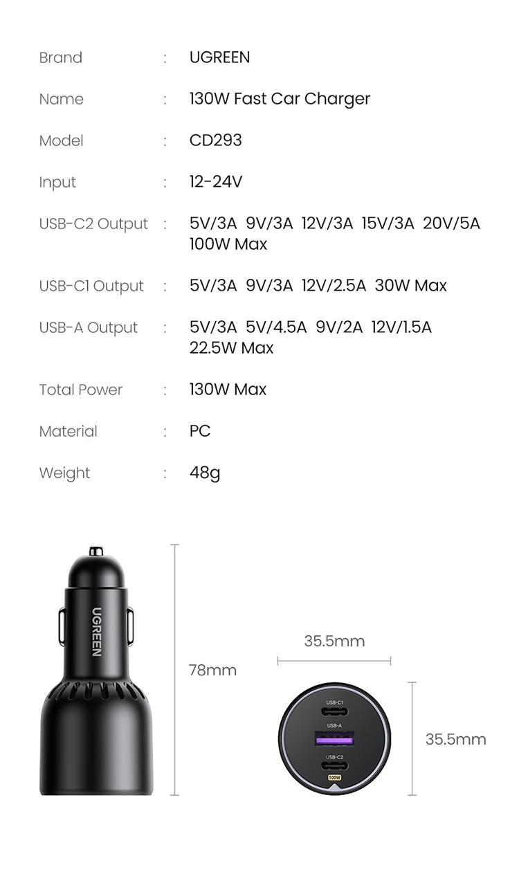 【New-in】UGREEN 130W Car Charger Fast Charging PD Quick Charger USB Type C Phone Charge For iPhone 14 13 12 Pro Max Tablet Laptop