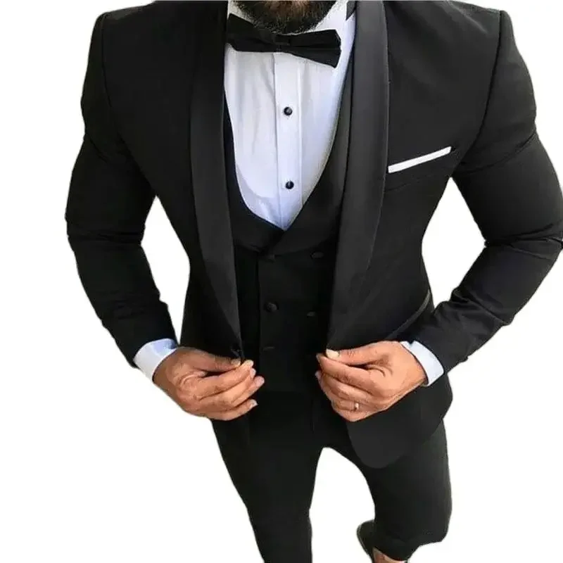 Formal Black Blazer Suits for Men Shawl Lapel Single Breasted Elegant 3 Piece Jacket Pants Vest Luxury Business Male Clothing