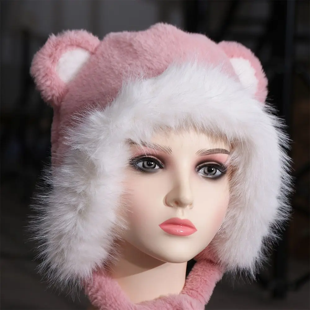 Trendy Korean Cute Bear Ear Hat Warm Faux Fur Bucket Hat Ear Protection Outdoor Women Fluffy Hats Winter