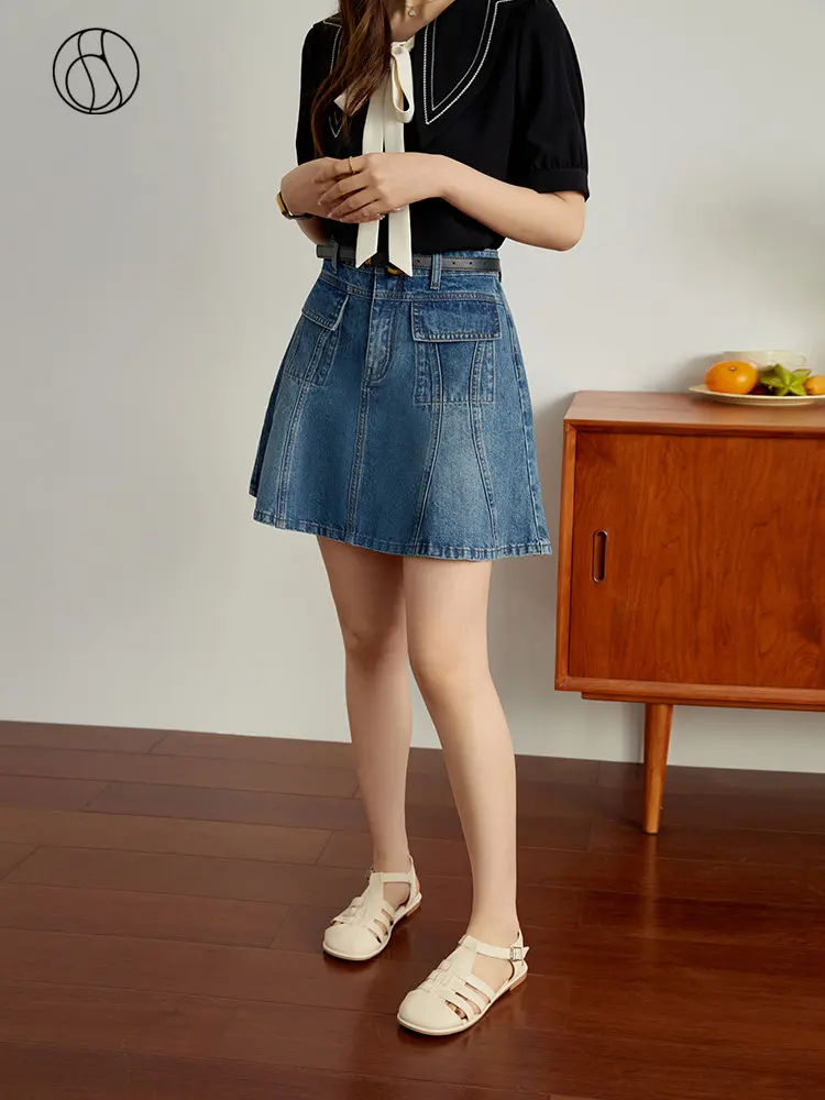 DUSHU High Waist Women Denim Blue Mini Skirts Pocket Decoration Female A-LINE Skirt Tie-dye 2023 Summer Retro Denim Skirt