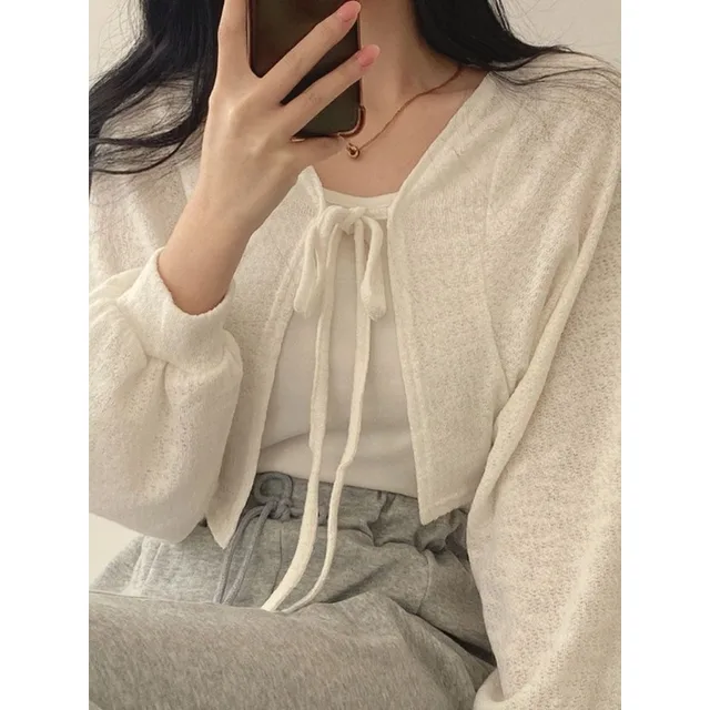 Cardigan de malha branco com decote em V e manga lanterna