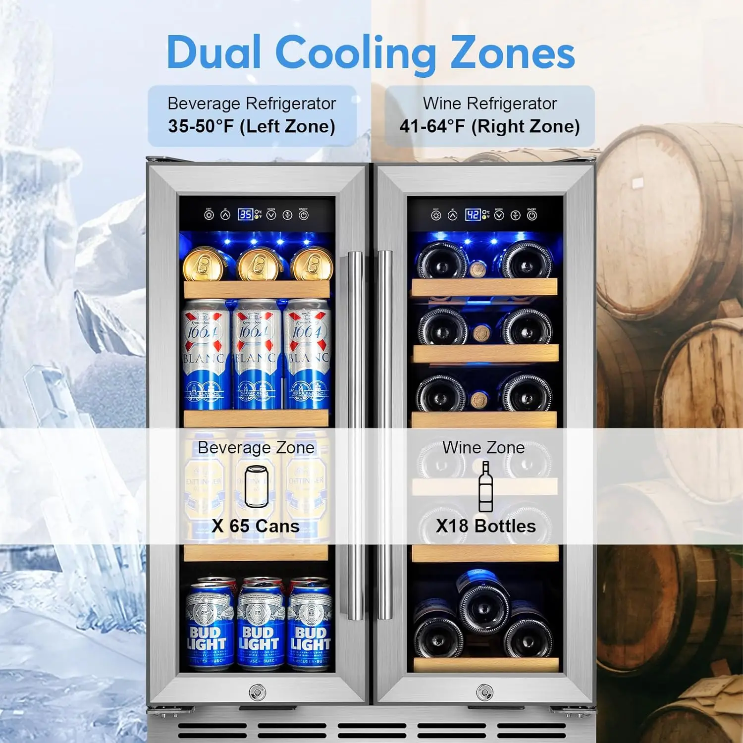 Wine and Beverage Refrigerator with Glass Door, 24-Inch Dual Zone Wine Fridge Under Counter - 18 Bottle and 65 Can Large Capacit 3