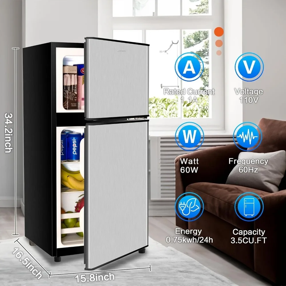 Compact Refrigerator 3.5 Cu Ft 2 Door Mini Fridge with Freezer for Apartment, Dorm, Office, Family, Basement, Garage