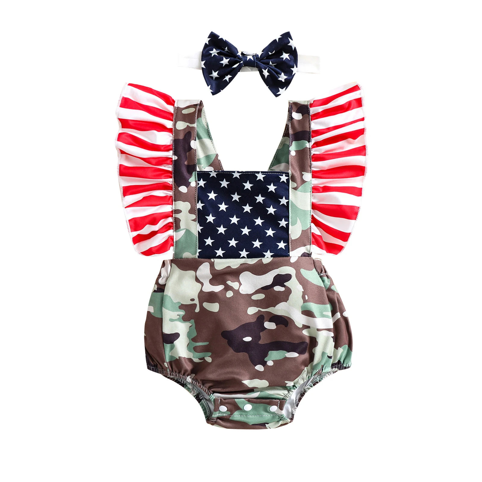 

2022-04-02 Lioraitiin 0-24M Baby's Girl Independence Day Star Stripe Print Camouflage Fly Sleeve Square Neck Romper Headband