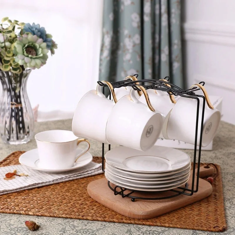 Cup Rack Stand Holder European Style Gold Iron Art Mug Saucer Ceramic Cup Standing Holder Household Counter Bar Kitchen Supply cup rack holder