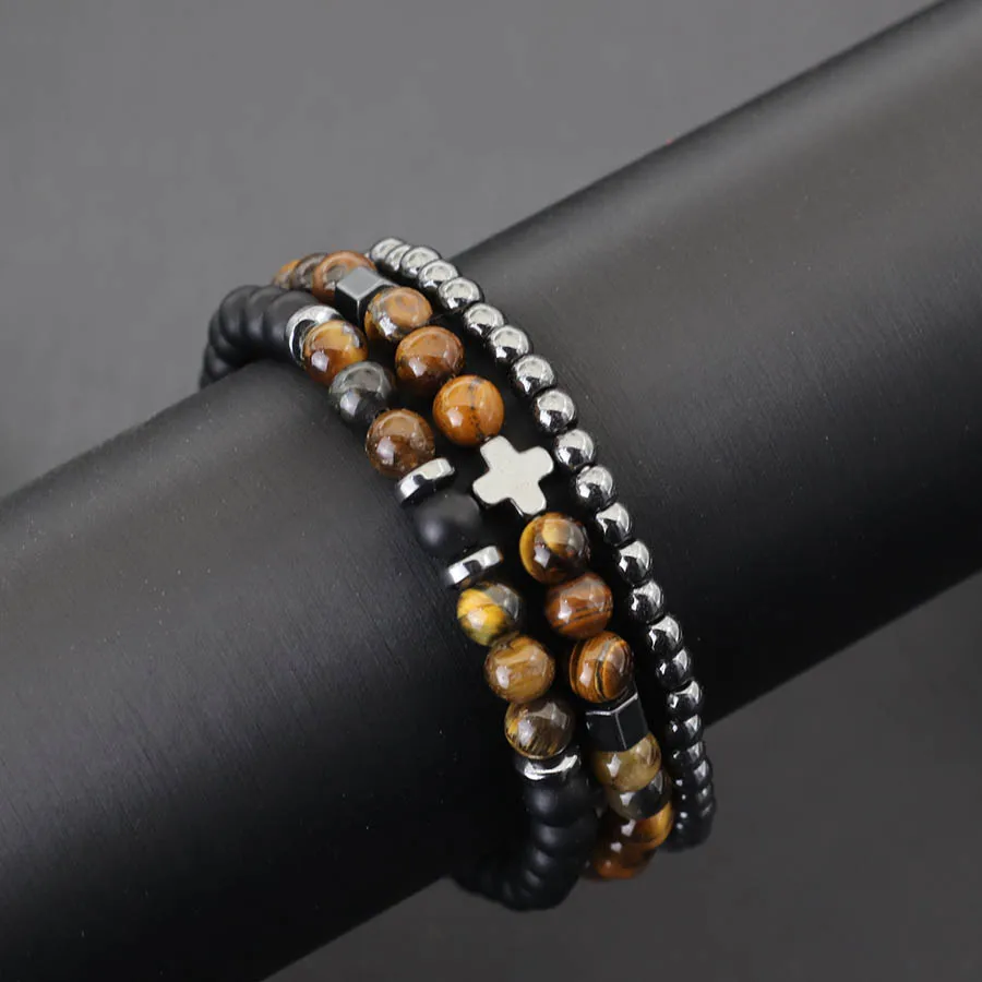 Hematite Tiger Eyes Lava Stone Beaded Men Bracelet Set