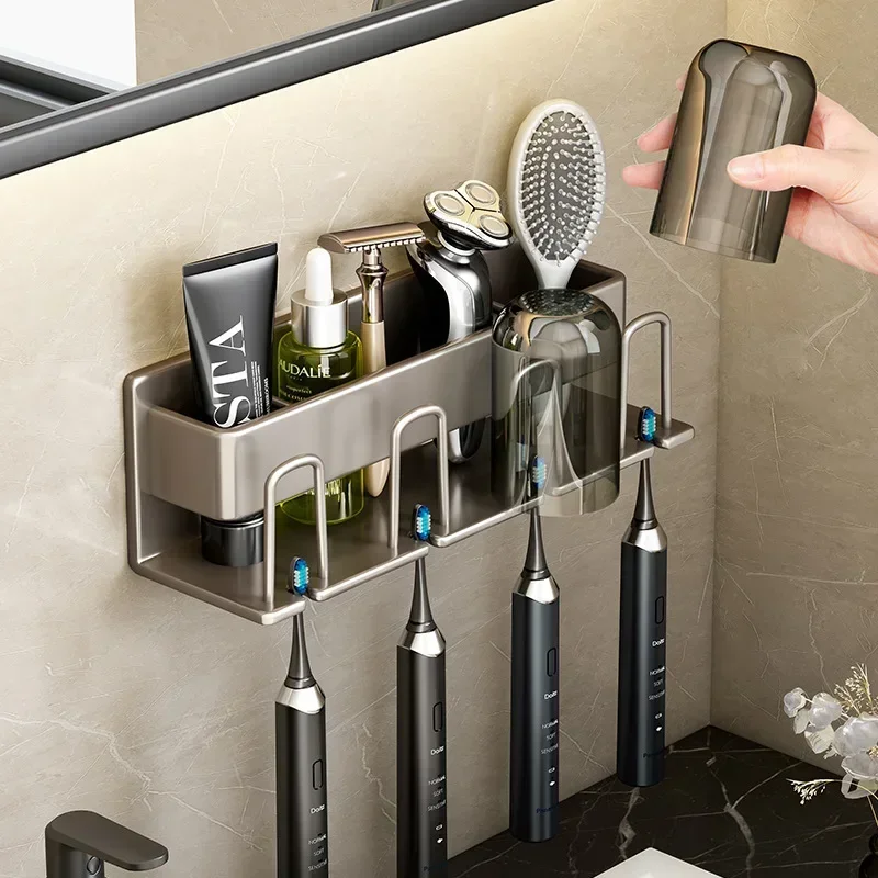 Gun Gray Toothbrush Storage Rack, Toilet Hole Free Mouthwash Cup, Tooth Cup, Wall Mounted Storage Rack, Electric Toothbrush Rack