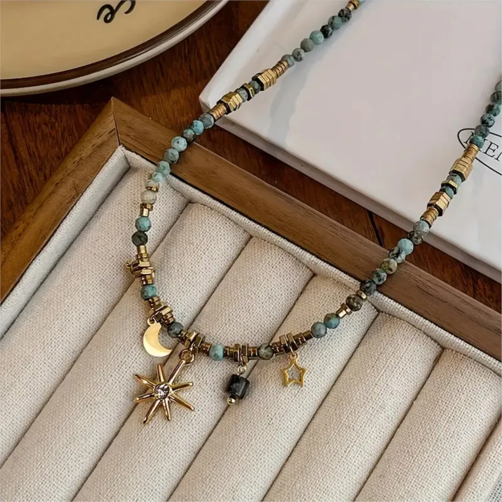 Vintage Elegant Natural Stone Beads Pendant Necklace for Women New Fashion Moon&Star Pendants Chain Party Jewelry Gifts