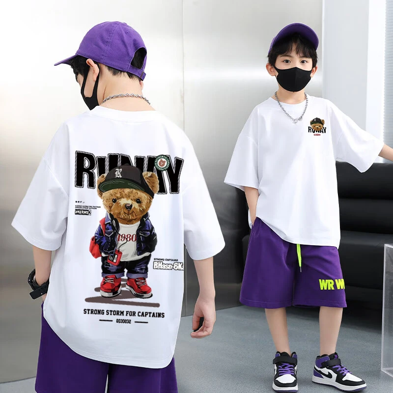 2025 Children’s Clothing American Vintage Bear Print Graphic T Shirts Boys Summer Cotton Short-sleeved T-shirt Tops Streetwear
