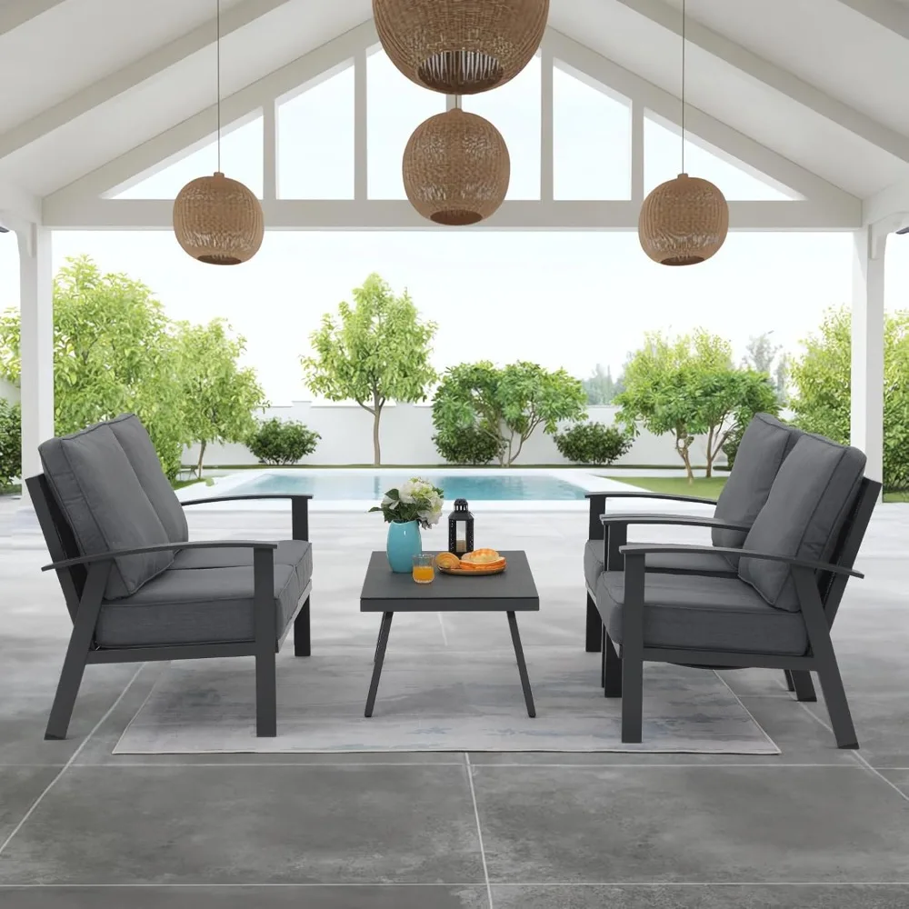 Modern Outdoor Patio Furniture Set, 4-Piece Aluminum Conversation Set, Loveseat, Coffee Table, Includes Cushion, Backyard 2