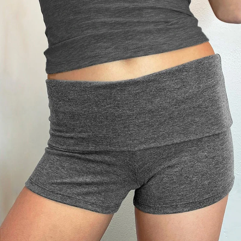 Summer Slim Yoga Shorts Women Casual Solid Color Fold Over