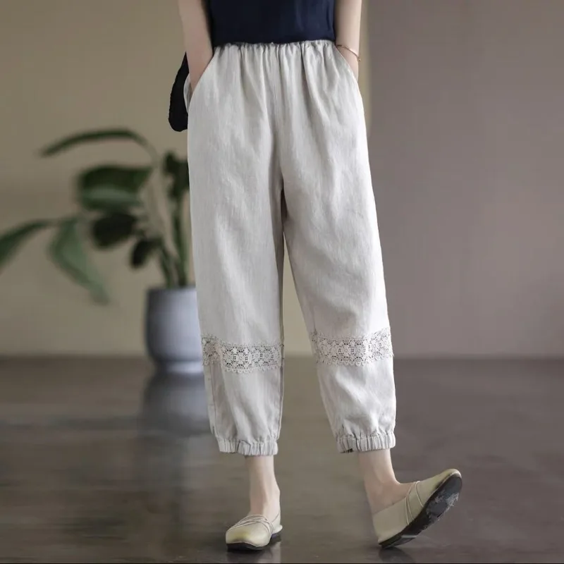 

Summer Cotton and Hemp New Harlan Women's 2024 Spliced Nine Split Solid Color Lantern Lace Versatile Pure Cotton Casual Pants