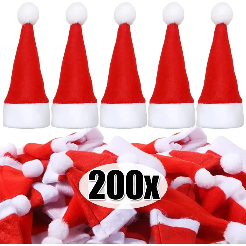 2/200PCS Velvet Mini Santa Hats Wine Bottle Covers Christmas Tableware Holder Lollipop Caps Bottles Bags Xmas Home Party Decor