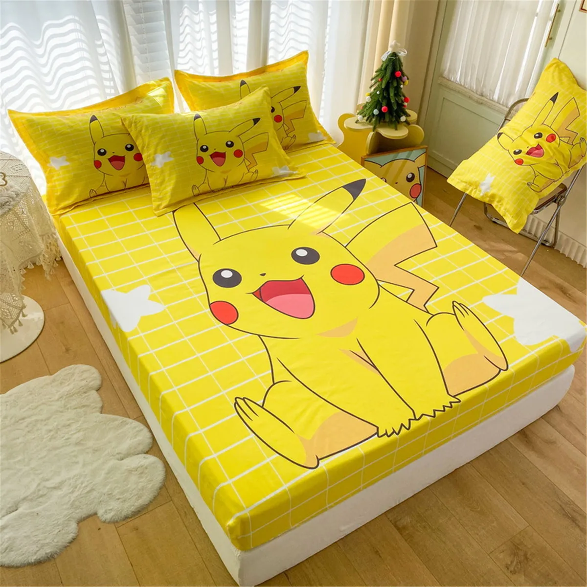Pikachu Soft Bedding Fitted Sheet Deep Pocket 30cm,3D Pattern Fitted Sheets Fade Resistant,Breathable Wrinkle Bed Covers,Yellow