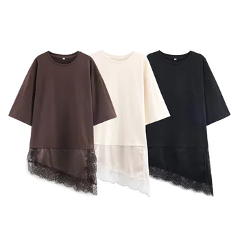 2025 Winter New Product Women's Slim Straight Round Neck Short Sleeve Asymmetric Hemp Splicing Lace T-shirt 1