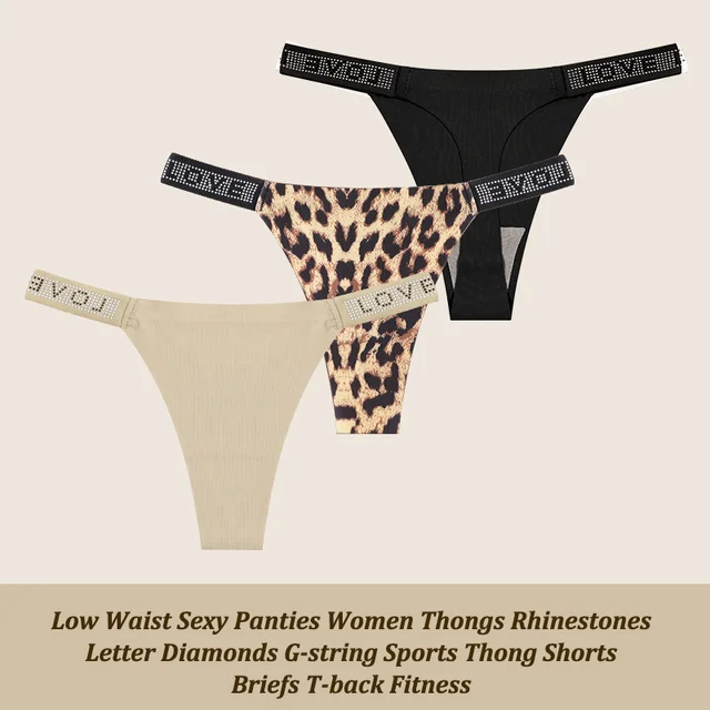 3Pcs/Set Low Waist Sexy Panties Women Thongs Rhinestones Letter Diamonds G-string Sports Thong Shorts Briefs T-back Size XS-XL 7