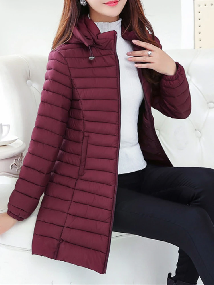 

Women's Jacket Oversize Lightweight Padded Jacket Winter Women Removable Hood Warm Cotton Clothes Middle Length Slim Warm Parkas