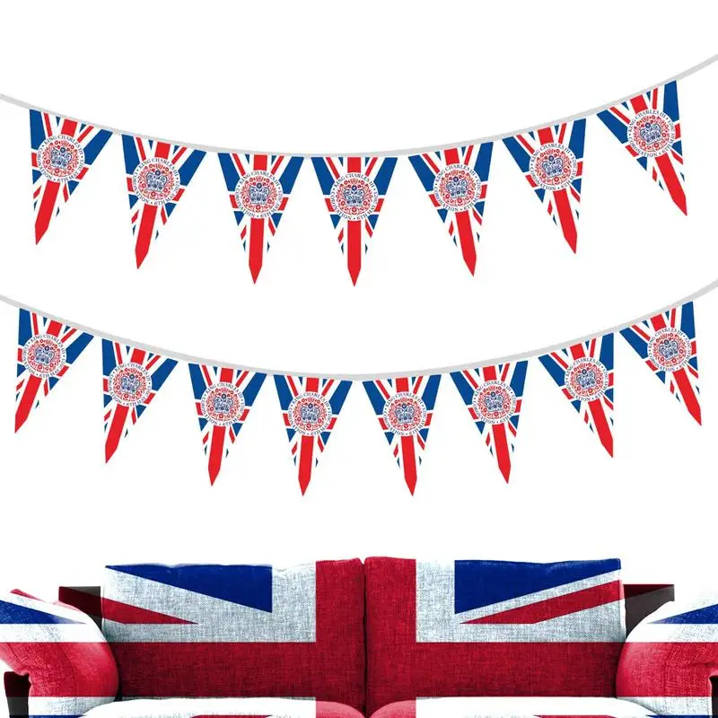 

King Charles String Triangle Flag 15Pcs Triangle King Coronation England Flag 4.5M British Coronation String Flag Our New King