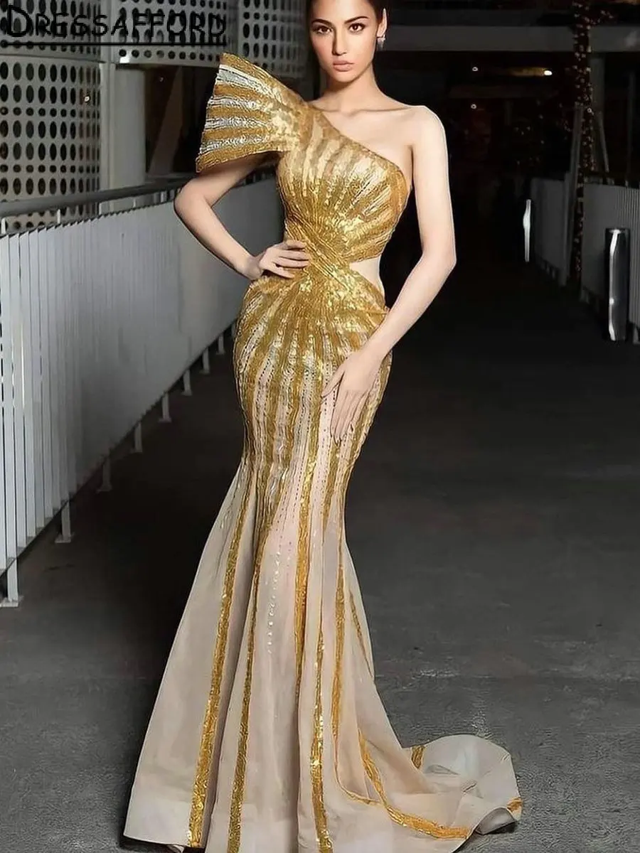 

Gold One Shoulder Sleeveless Dubai Mermaid Evening Dress Illusion Beading Sequined Saudi Arabic Formal Party Gown