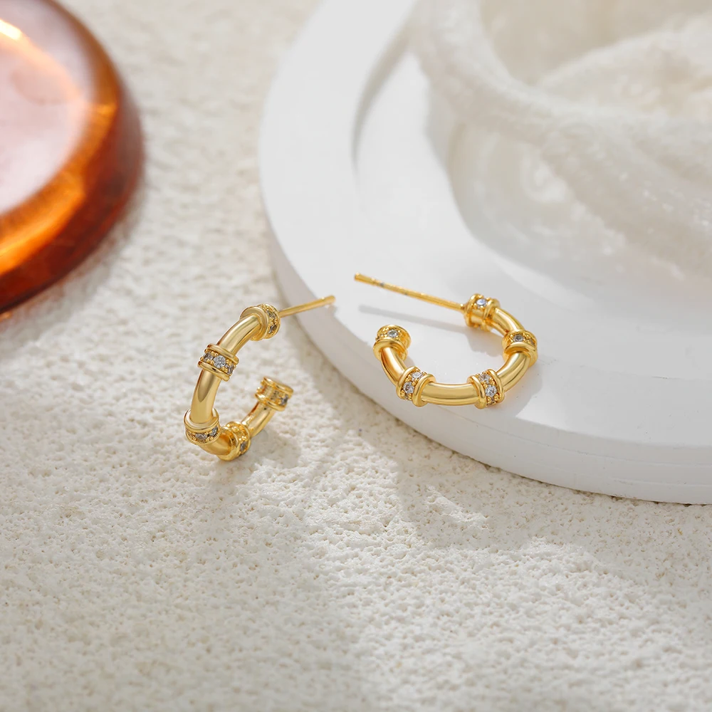 Delicate Zircon Small C Shape Hoop Earrings Gold Plated Waterproof Stainless Steel PVD Statement Circle Huggies Charm Jewelry
